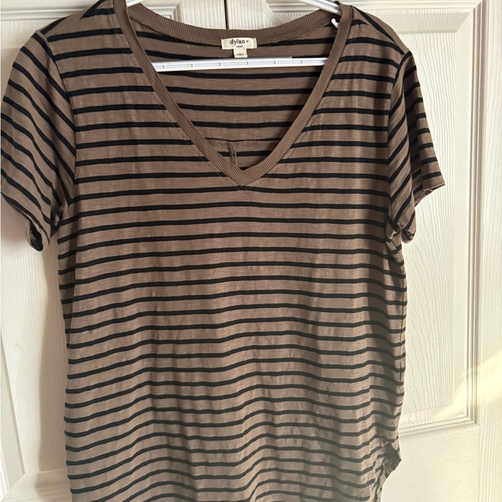 Dylan Tan and Black Striped Short Sleeve Top